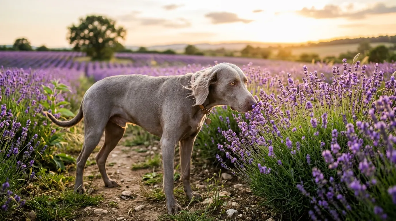 Weimaraner sniffing lavender flower | Grooming Weimaraner sniffing lavender flower — Grooming