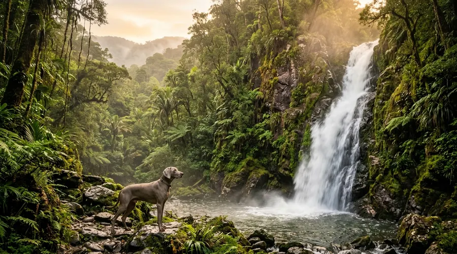 Weimaraner standing at waterfall | Grooming Weimaraner standing at waterfall