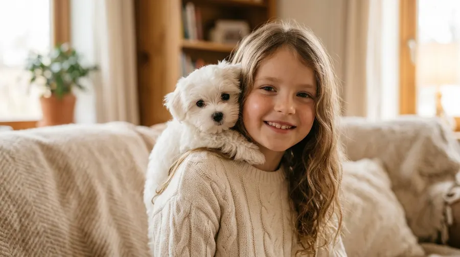 Girl holding Maltese puppy