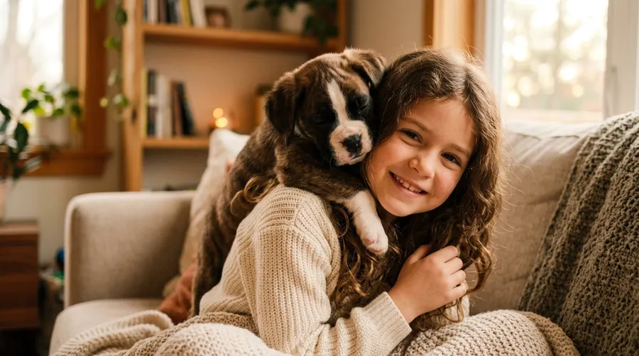Girl holding puppy on shoulders