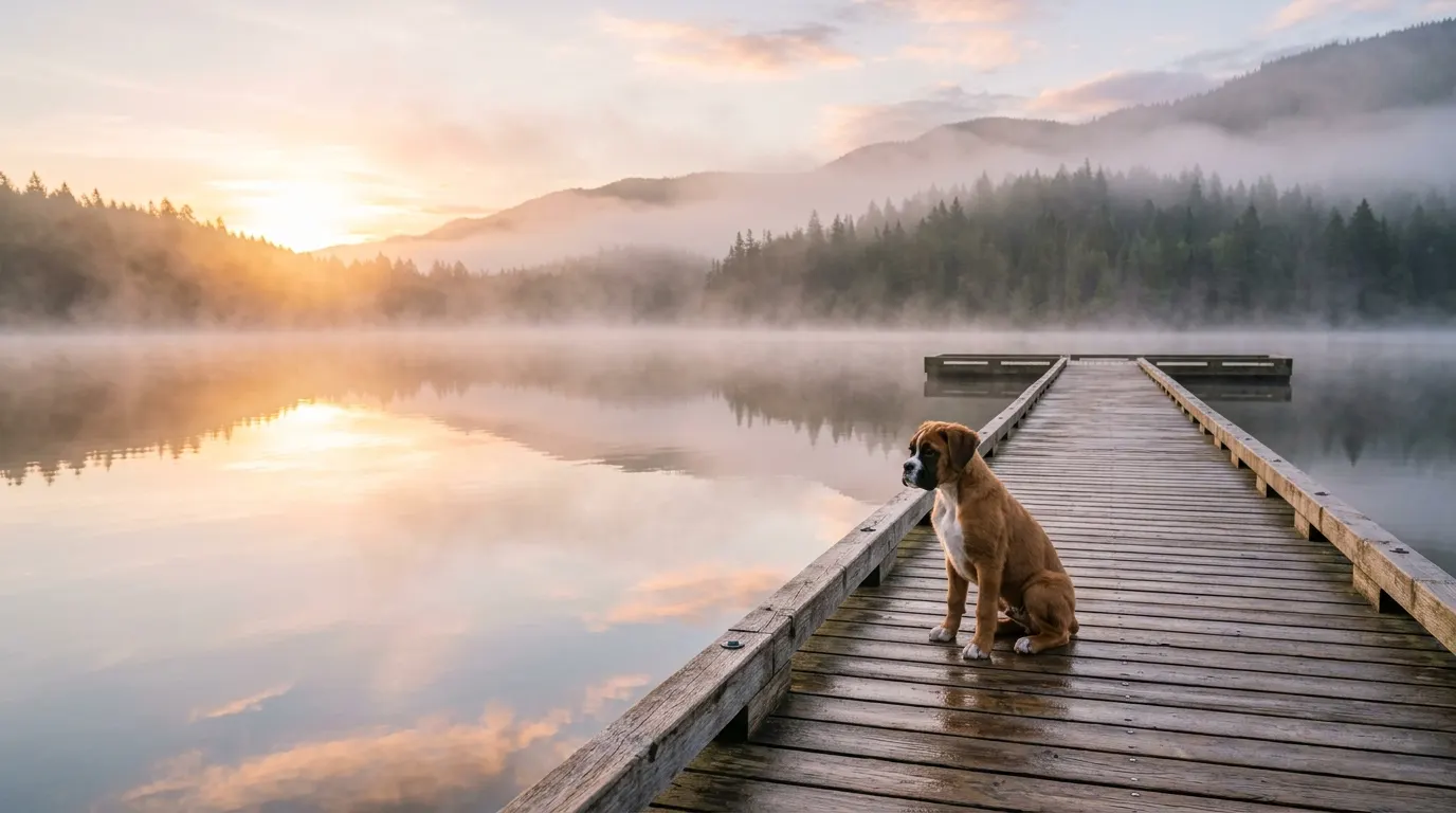 Boxer sitting on wooden dock | Health Supplies Boxer sitting on wooden dock — Health Supplies
