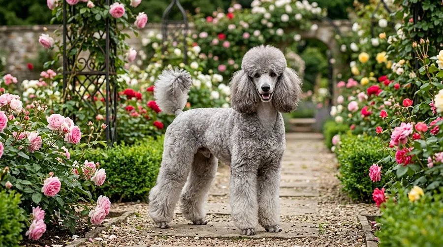 Miniature Poodle standing in garden