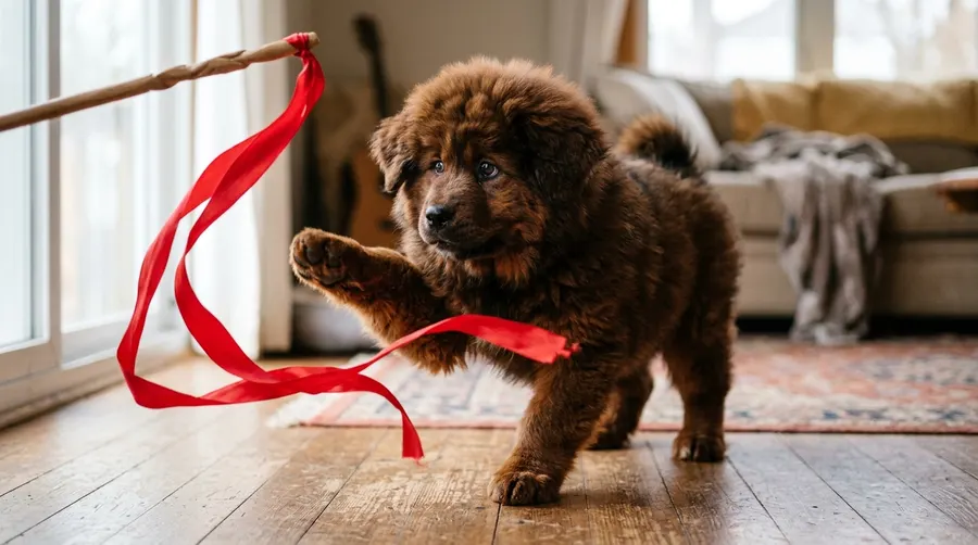 Puppy playing with red ribbon