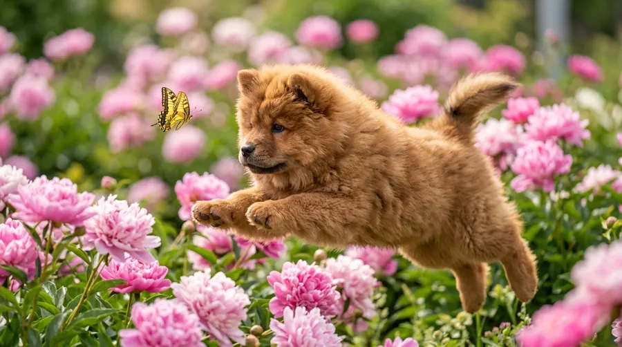 Puppy pouncing on yellow butterfly