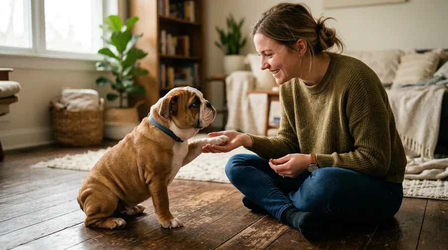 Person training bulldog on floor