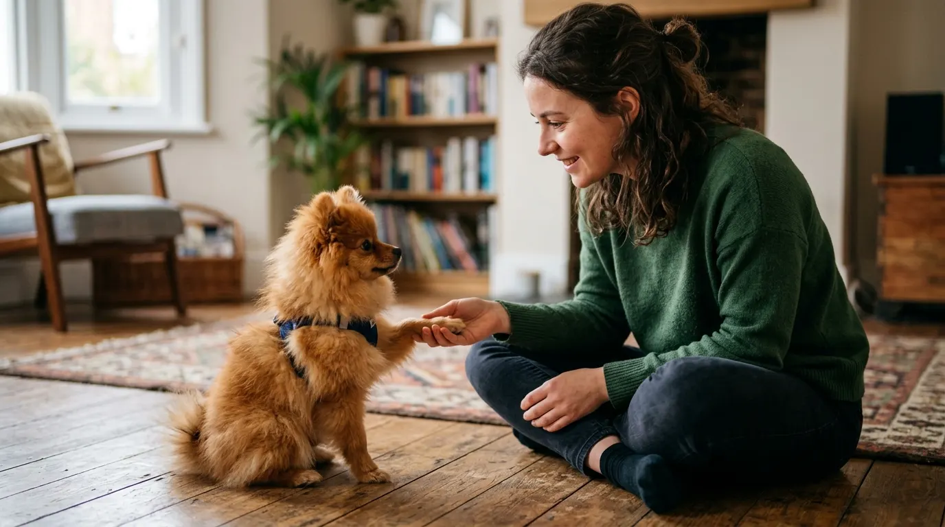Person training Pomeranian puppy — High-Value Training Rewards