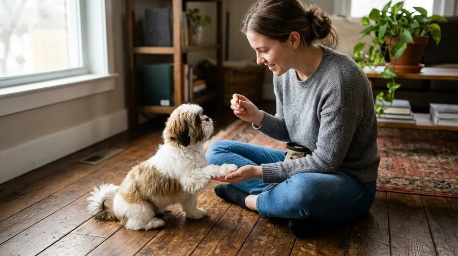 Person training Shih Tzu to