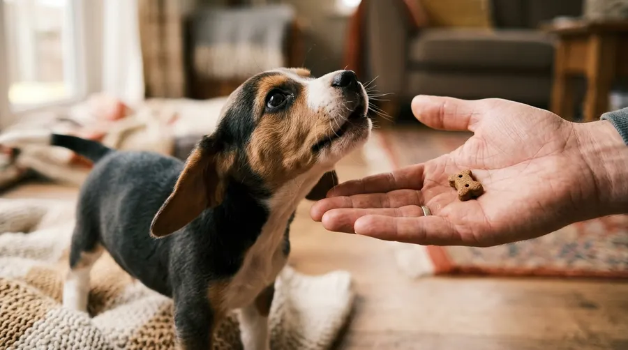 Puppy reaching for dog biscuit | High-Value Training Rewards Puppy reaching for dog biscuit