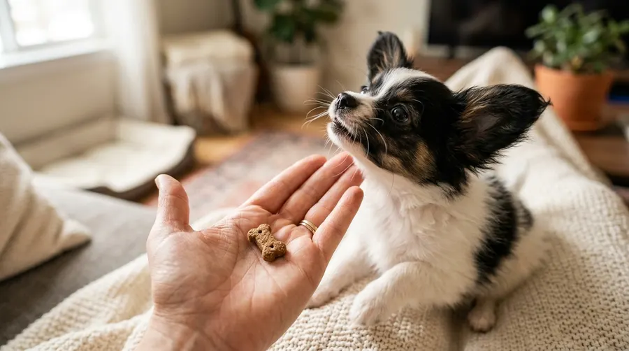 Puppy reaching for dog biscuit | High-Value Training Rewards Puppy reaching for dog biscuit