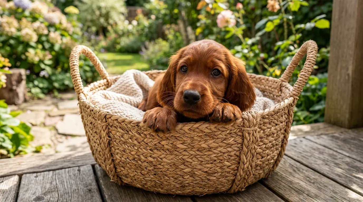 Puppy sitting in straw basket | Hiking Backpacks & Travel Strollers Puppy sitting in straw basket — Hiking Backpacks & Travel Strollers
