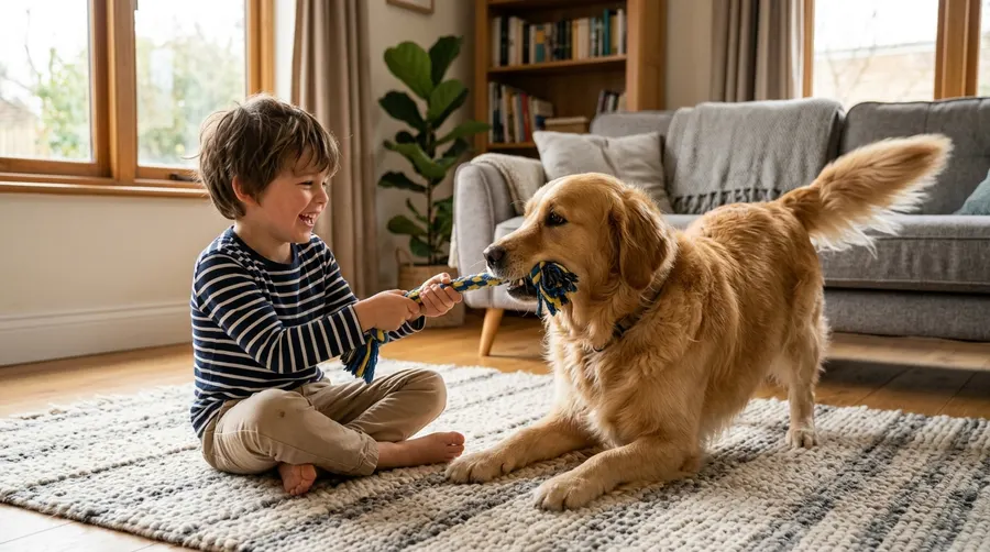 Boy playing with Golden Retriever