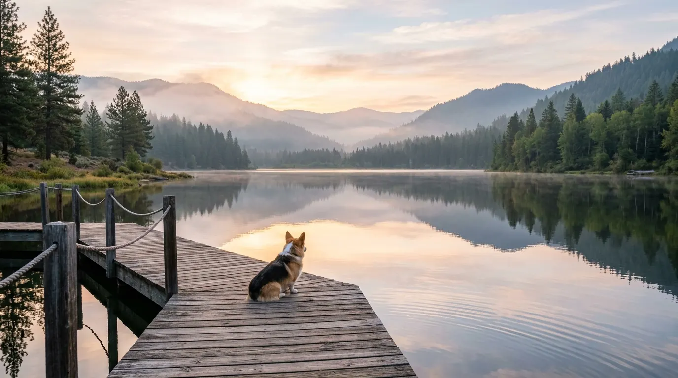 Corgi sitting on wooden dock | Indoor Crates Corgi sitting on wooden dock — Indoor Crates