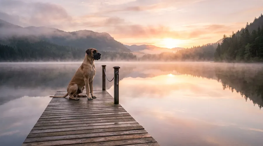 Dog sitting on wooden dock | Indoor Crates Dog sitting on wooden dock