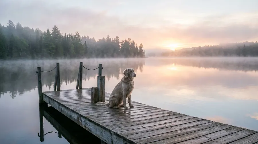 Dog sitting on wooden dock | Indoor Crates Dog sitting on wooden dock