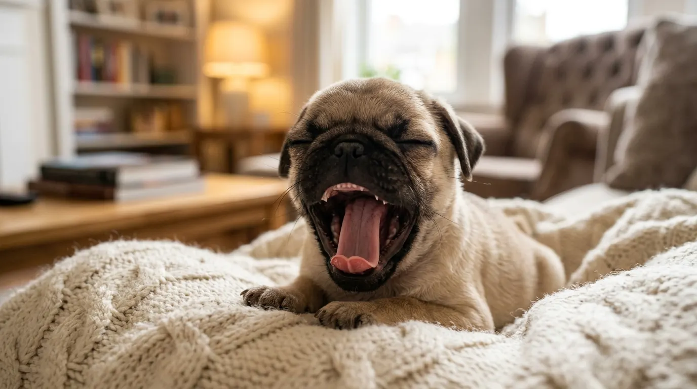 Pug puppy yawning widely — Indoor Crates