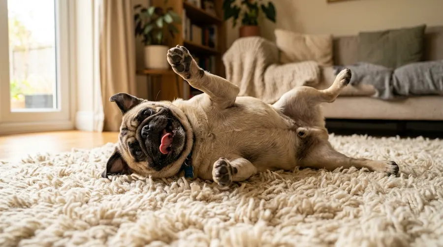 Pug rolling on back
