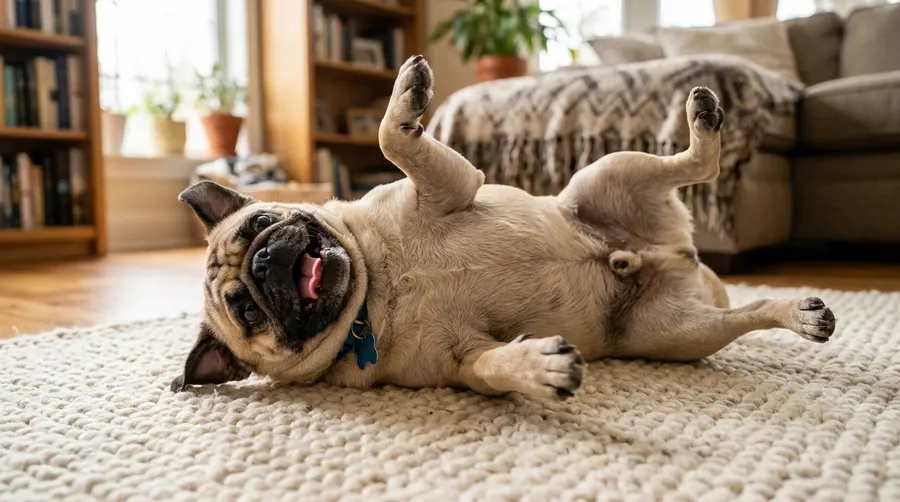 Pug rolling on back