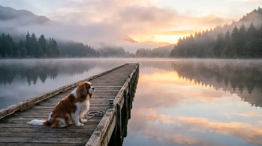 Spaniel sitting on wooden dock