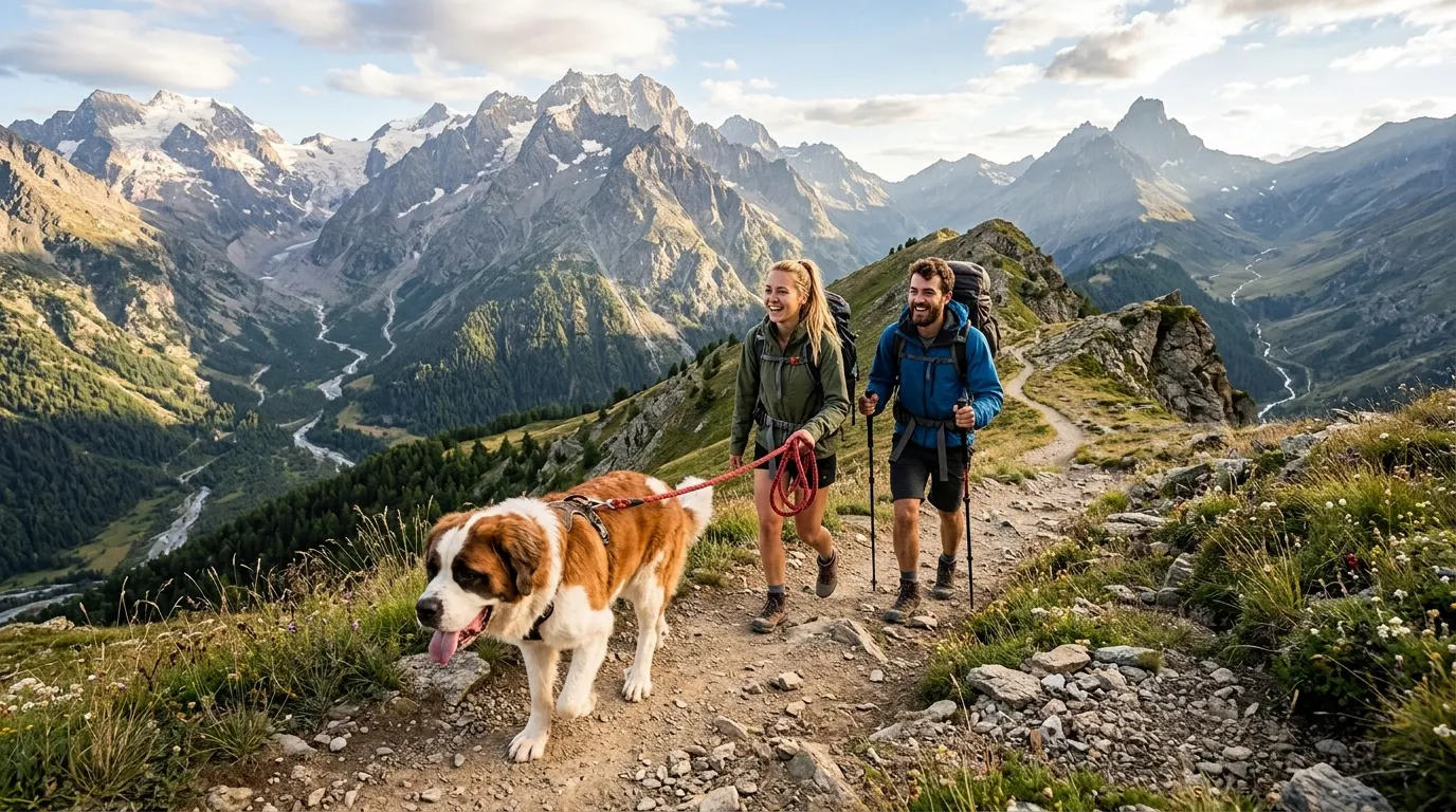 Couple hiking with dog mountain — Indoor Grass & Litter Boxes