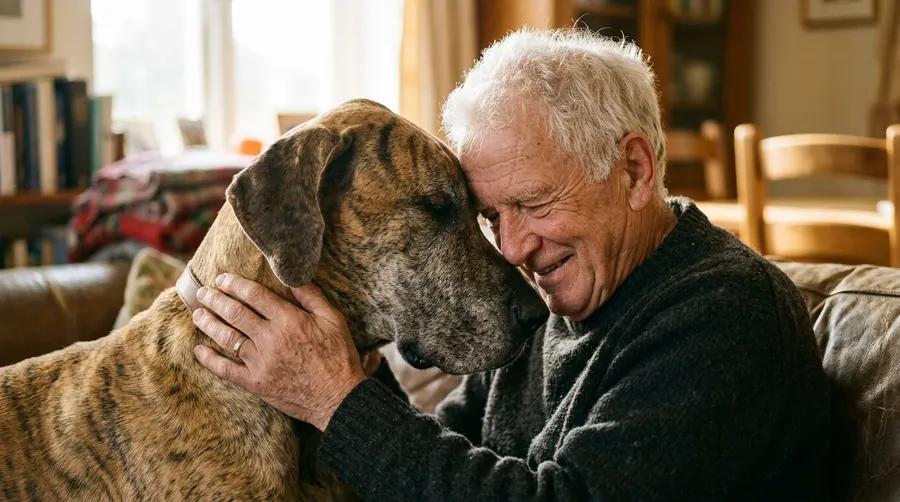 Elderly man comforting Great Dane