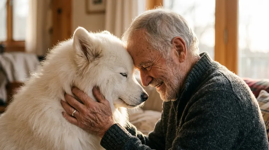 Elderly man embracing Samoyed