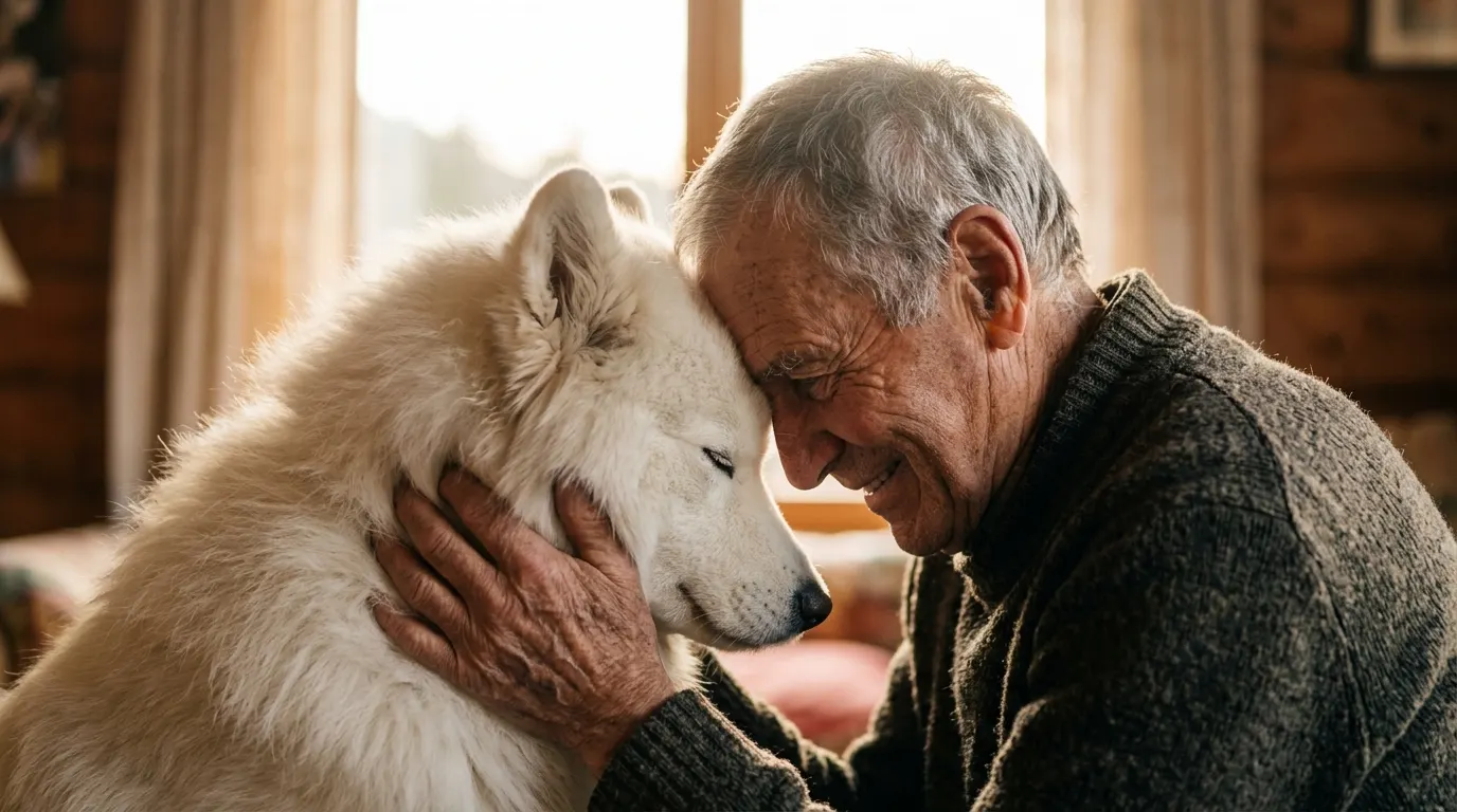 Elderly man hugging dog — Indoor Grass & Litter Boxes