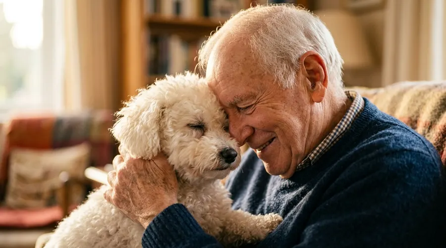 Elderly man smiling with dog