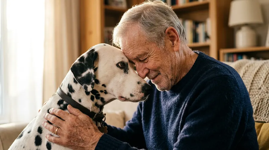 Elderly man smiling with dog