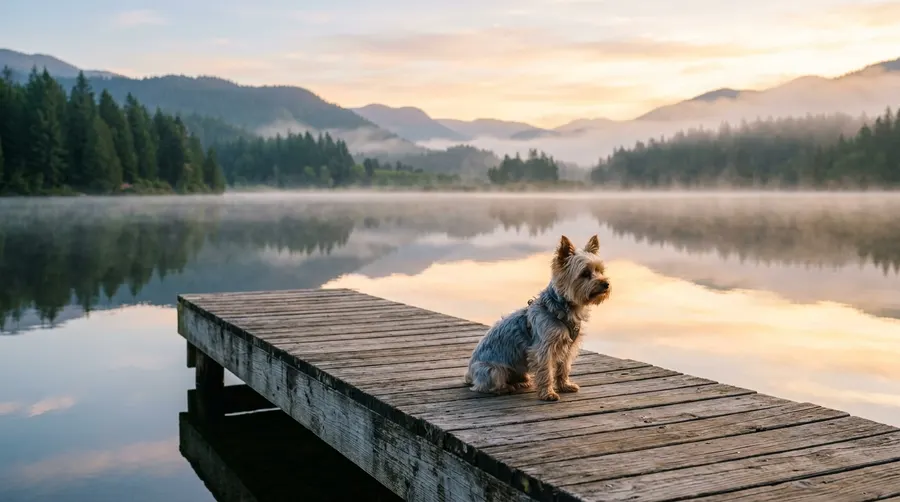 Yorkshire terrier sitting on dock