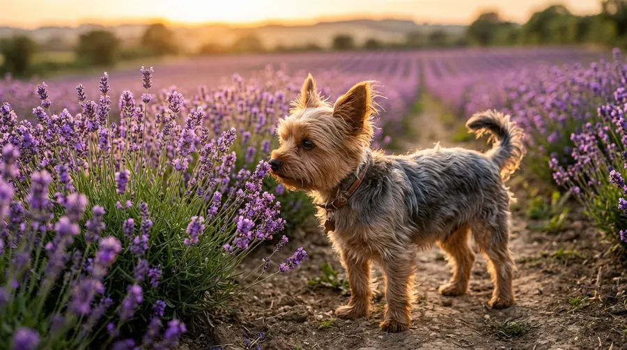 Yorkshire Terrier sniffing laven