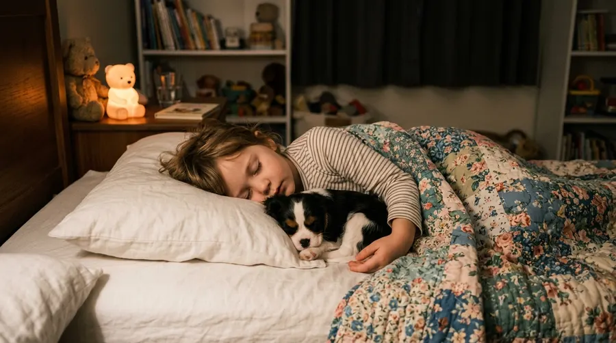 Child sleeping with puppy