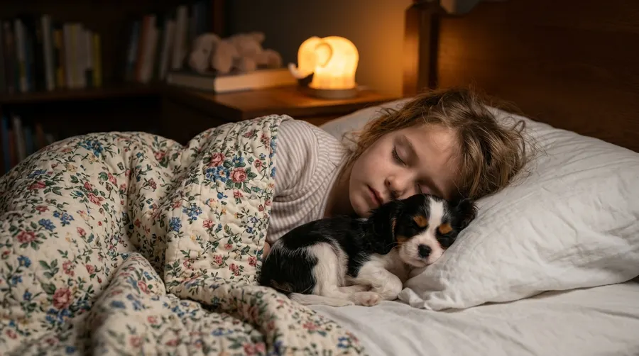 Child sleeping with puppy