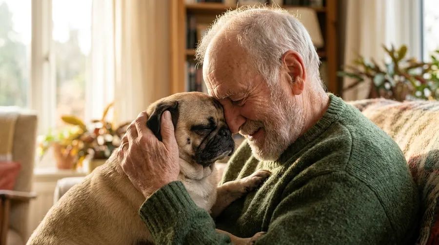 Elderly man resting with pug | Joint & Mobility Supplements Elderly man resting with pug
