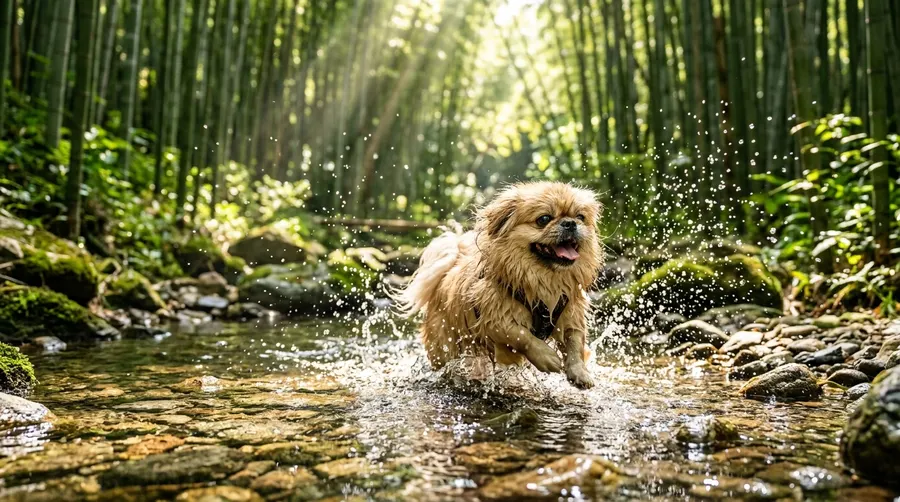 Pekingese splashing in stream