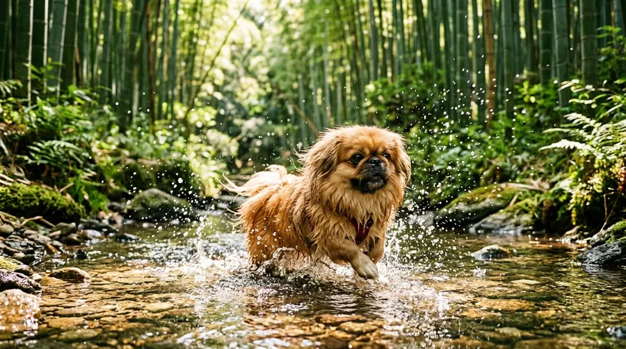 Pekingese splashing in stream