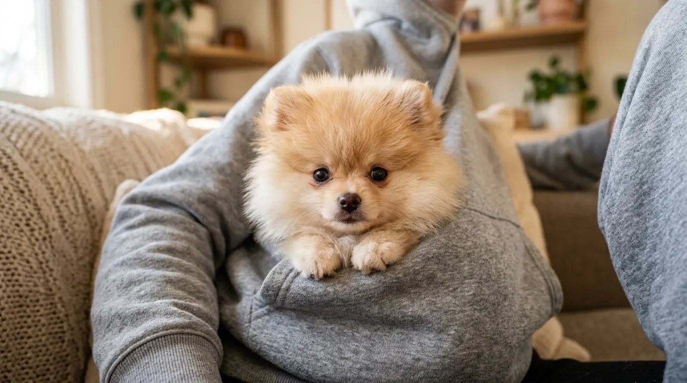 Pomeranian puppy in hoodie pocket | Leashes & Long-Lines Pomeranian puppy in hoodie pocket — Leashes & Long-Lines