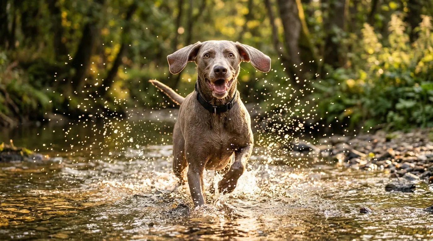 Weimaraner splashing in stream — Life Stage & Breed Size Diets