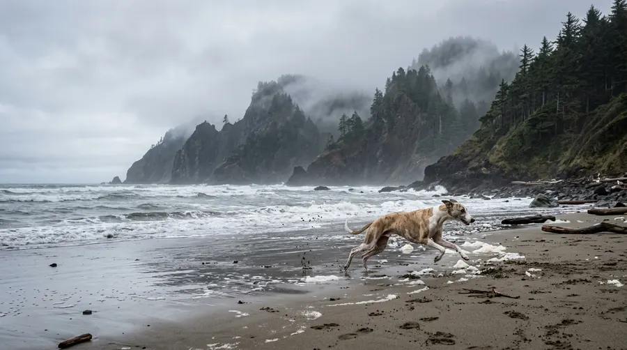 Whippet chasing sea foam