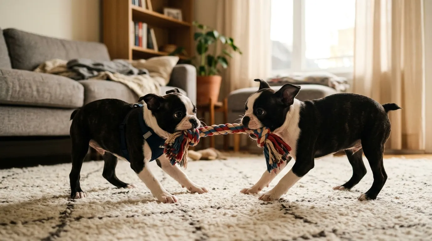 Boston Terrier puppies playing | Litter & Housetraining Boston Terrier puppies playing — Litter & Housetraining