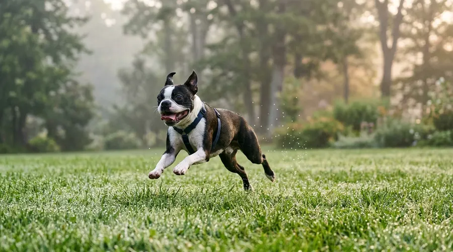 Boston Terrier running on lawn | Litter & Housetraining Boston Terrier running on lawn