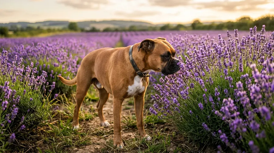 Boxer sniffing purple flower | Litter & Housetraining Boxer sniffing purple flower