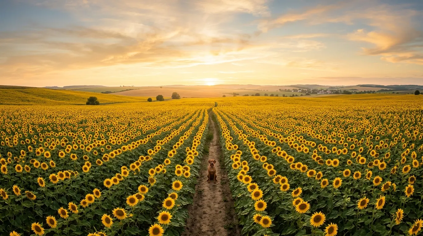 Dog sitting in sunflower field | Memorials & Funerary Dog sitting in sunflower field — Memorials & Funerary