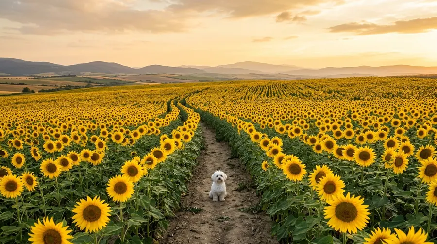 Maltese sitting in sunflower field | Memorials & Funerary Maltese sitting in sunflower field