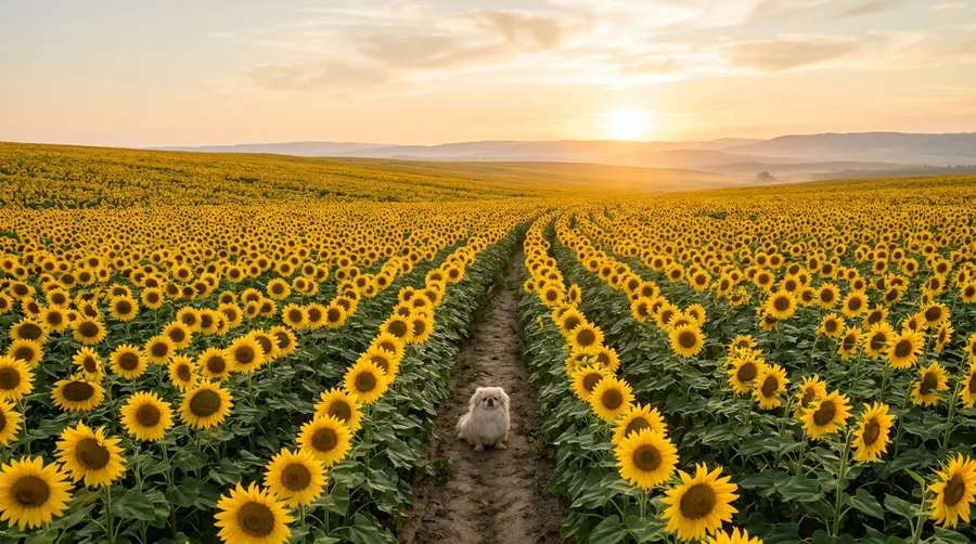 Pekingese sitting in sunflower | Memorials & Funerary Pekingese sitting in sunflower