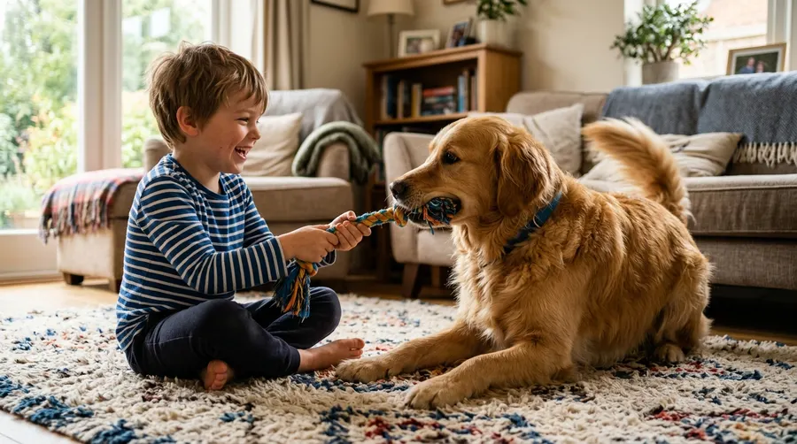 Boy playing with retriever | Nails & Ears Boy playing with retriever