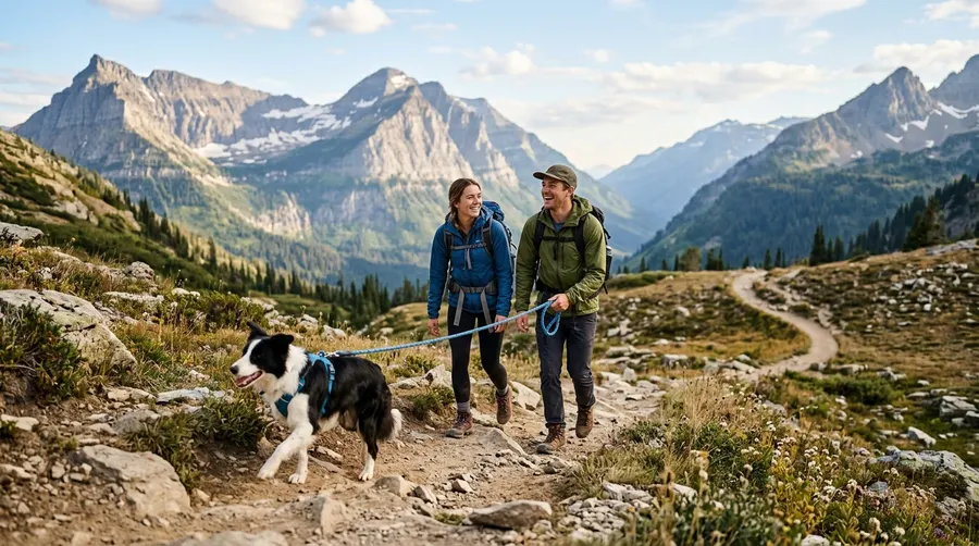 Couple and dog hiking mountain | No-Pull & Ergonomic Harnesses Couple and dog hiking mountain