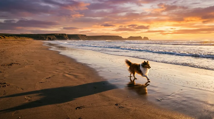 Shetland Sheepdog running on beach | No-Pull & Ergonomic Harnesses Shetland Sheepdog running on beach
