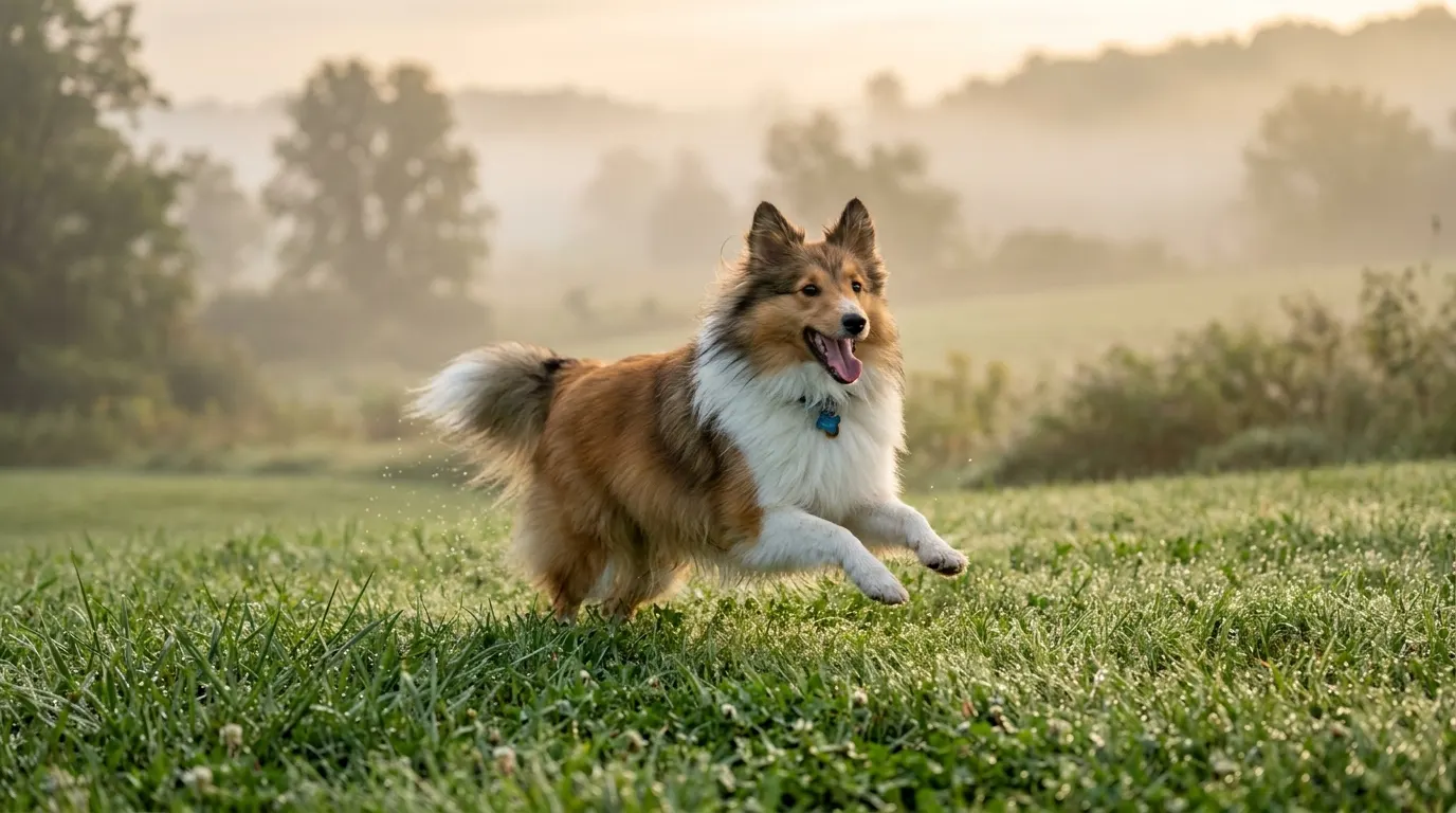 Shetland Sheepdog running on lawn | No-Pull & Ergonomic Harnesses Shetland Sheepdog running on lawn — No-Pull & Ergonomic Harnesses