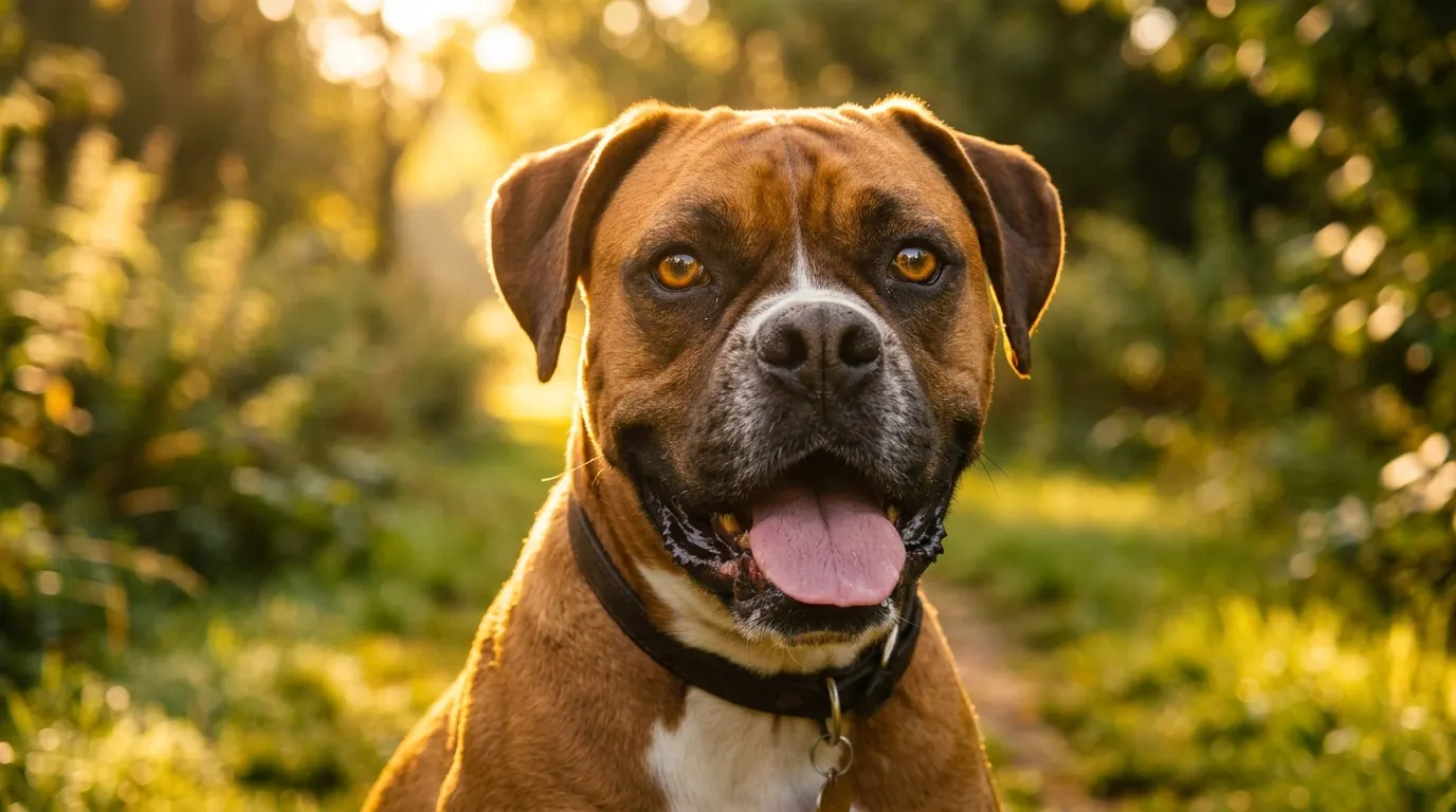 Smiling boxer panting happily — Oral Chews & Topical Preventatives