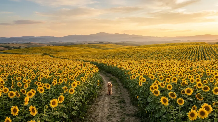 Standard Poodle in sunflower field